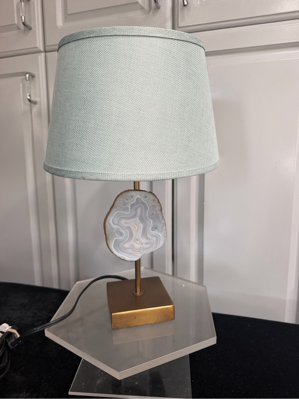 Gold Base Table Lamp with Light Blue Shade and Agate Accent